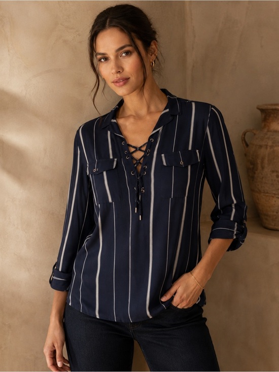 Dynamite Tops - Dynamite Navy White Stripe Blouse Medium